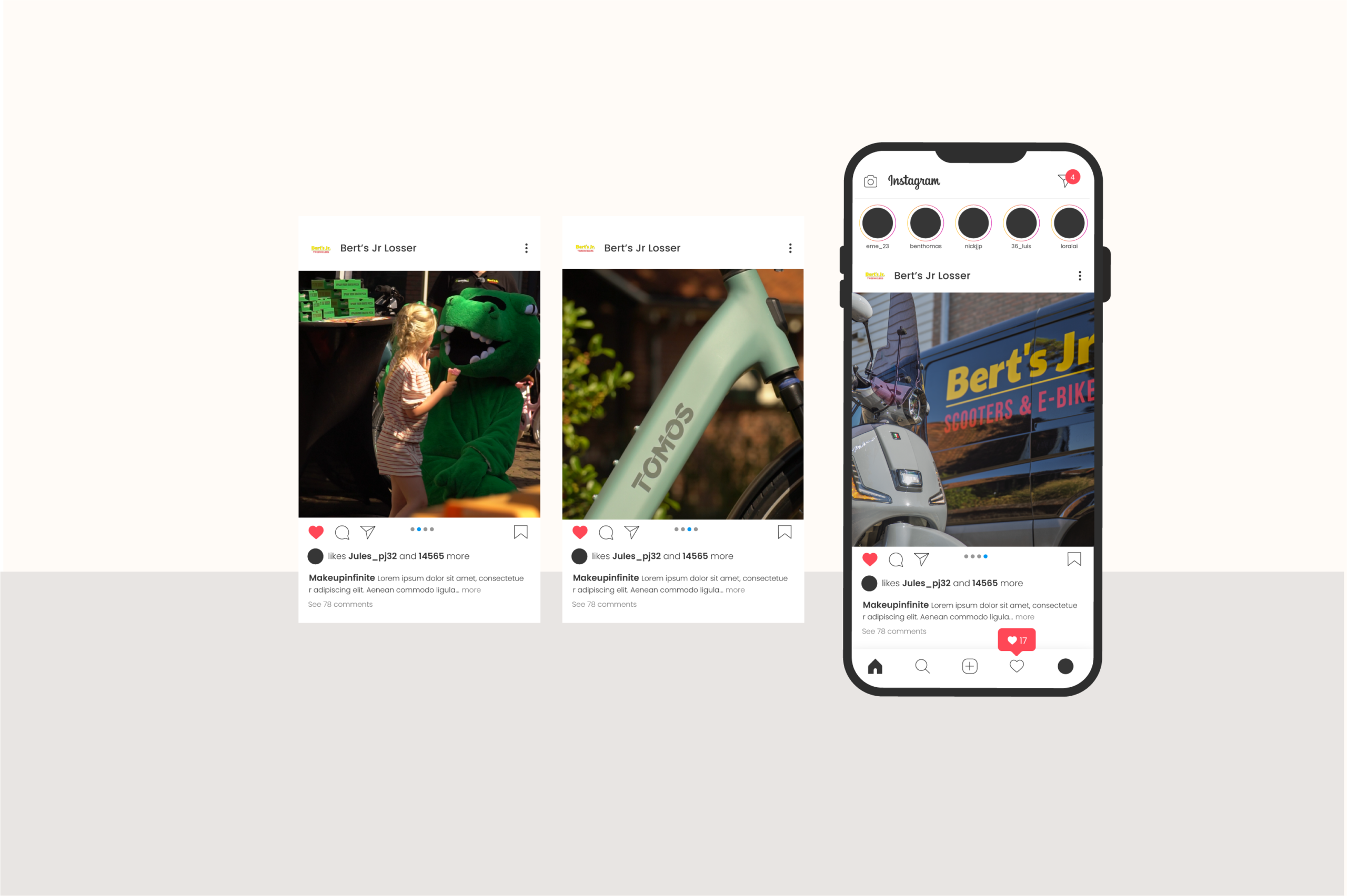 Social media content voor Bert's Jr. op smartphone en desktop