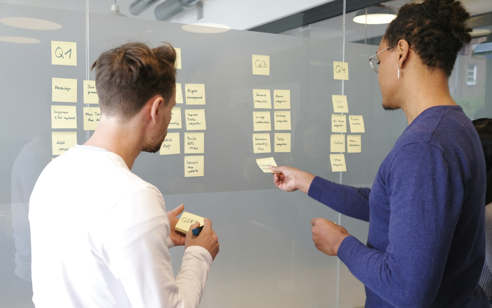 Twee mensen plannen een contentstrategie met sticky notes