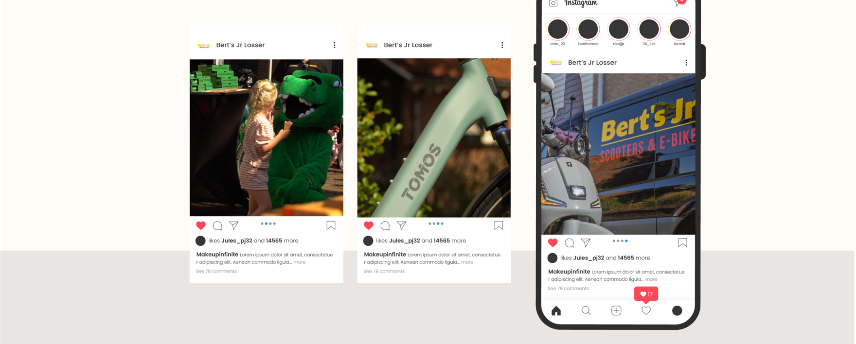 Social media content voor Bert's Jr. op smartphone en desktop
